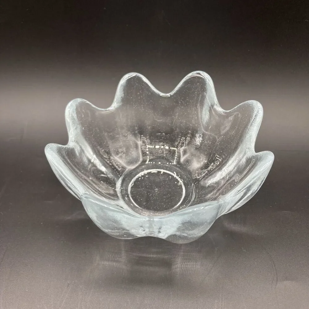 Vintage Blenko Glass Clear Lotus Bowl Textured Hand Blown 8 Petal Small 5.5” W